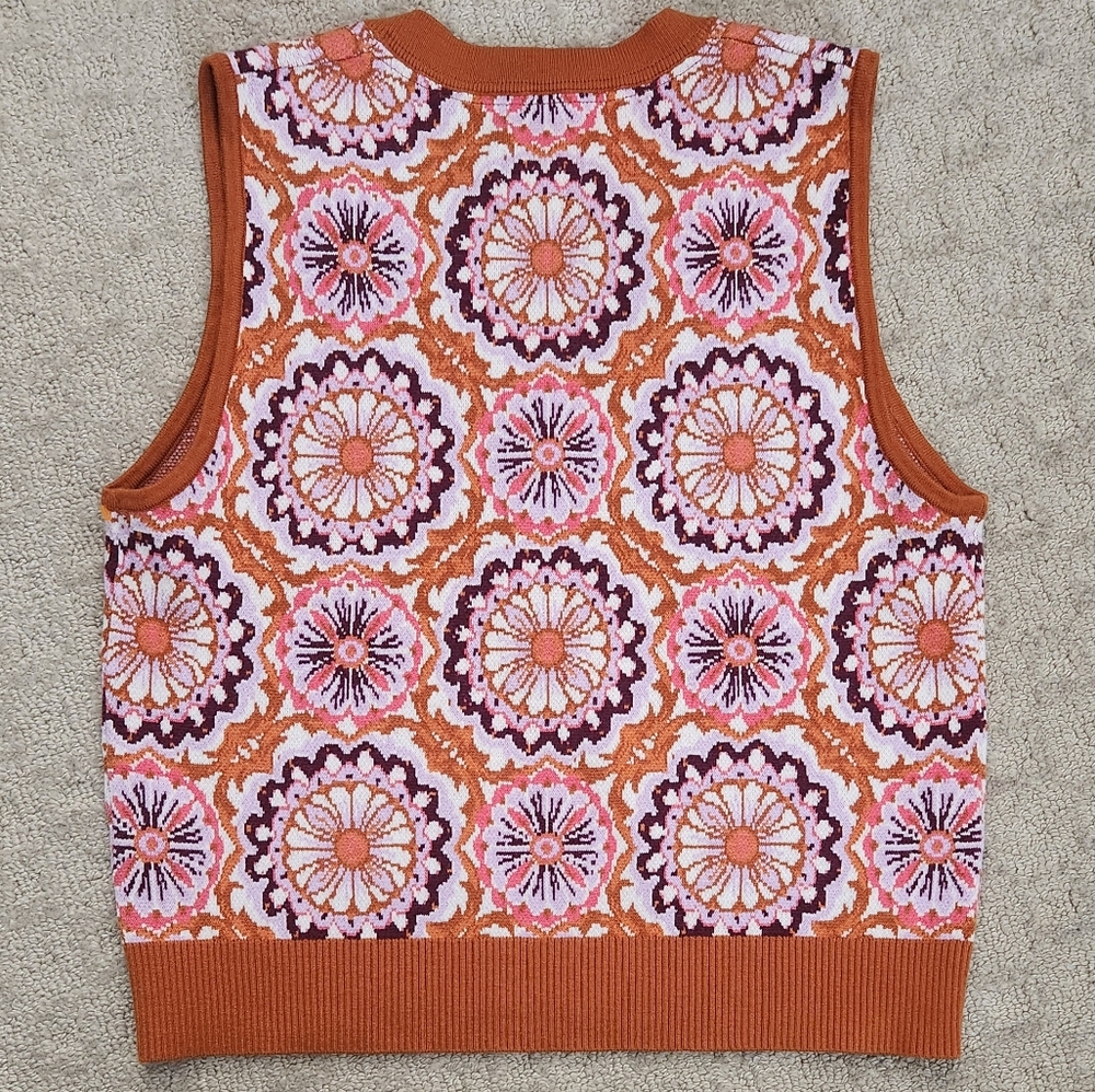 Maeve Anthropologie Jacquard Retro Floral Orange Boho Sweater Vest Large - Picture 4 of 11
